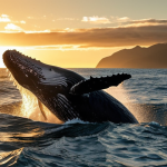**Prompt:** A breaching humpback whale in the waters of New Zealand, sunlight glistening off its skin, with the coastline of the South Island in the background. Focus on the whale's powerful form and the splash of water. Golden hour lighting, dramatic sky.