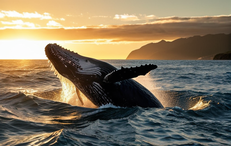 **Prompt:** A breaching humpback whale in the waters of New Zealand, sunlight glistening off its skin, with the coastline of the South Island in the background. Focus on the whale's powerful form and the splash of water. Golden hour lighting, dramatic sky.